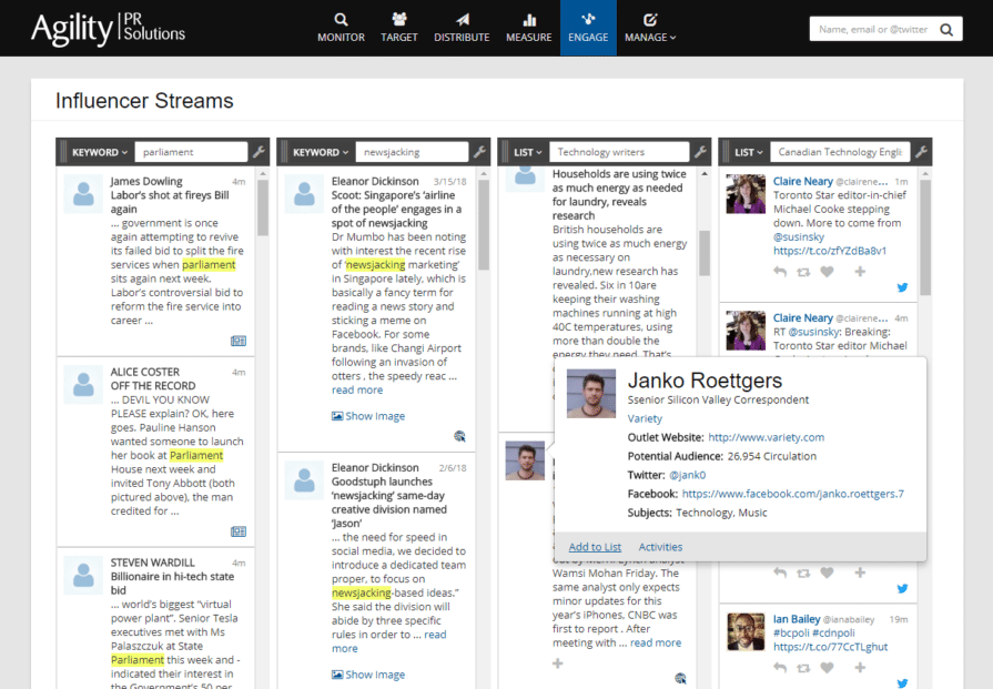 influencer streams in agility's media database