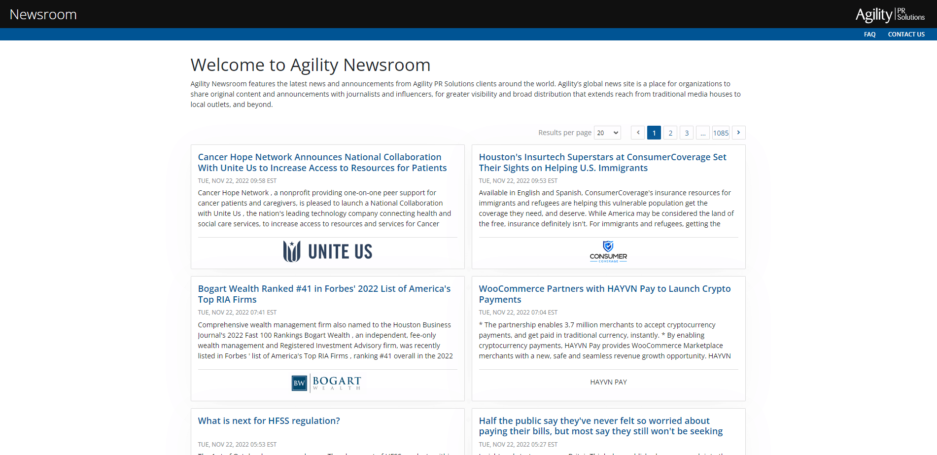 Agility PR Solutions' newsroom with example press releases